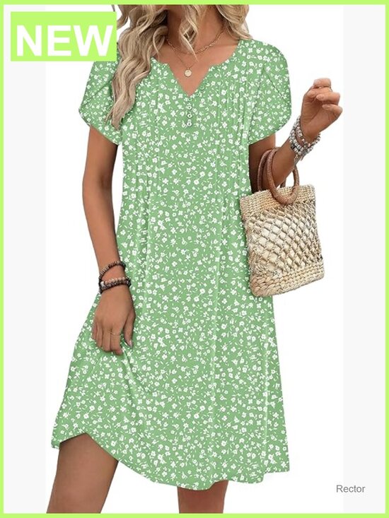 Dresses & Skirts - Casual Floral V-Neck A-Line T-Shirt Dress with Pockets Short Sleeve Mini